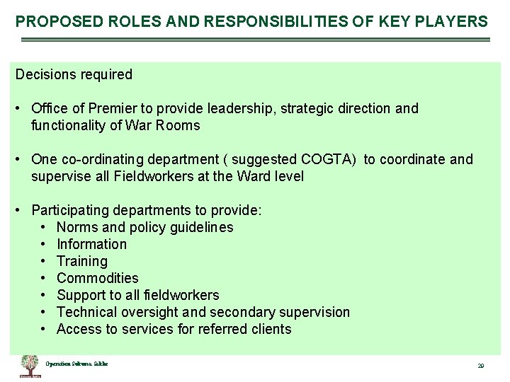 PROPOSED ROLES AND RESPONSIBILITIES OF KEY PLAYERS Decisions required • Office of Premier to