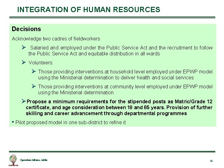 INTEGRATION OF HUMAN RESOURCES Decisions Acknowledge two cadres of fieldworkers Ø Salaried and employed