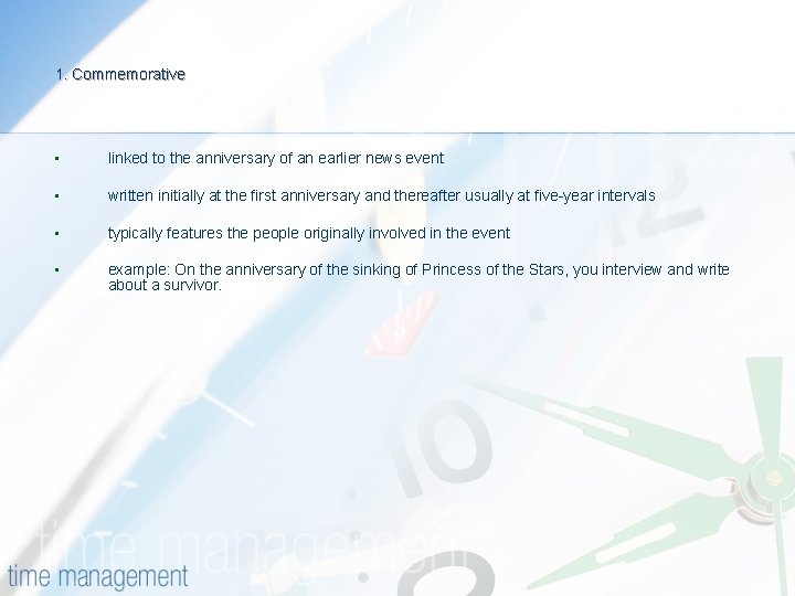 1. Commemorative • linked to the anniversary of an earlier news event • written