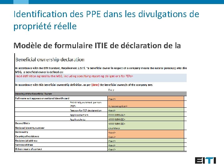 Identification des PPE dans les divulgations de propriété réelle Modèle de formulaire ITIE de