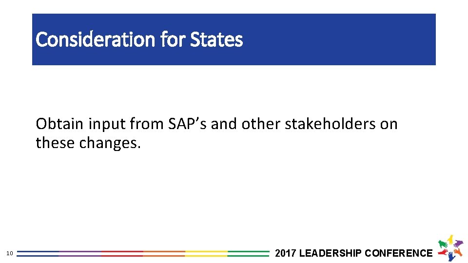 Consideration for States Obtain input from SAP’s and other stakeholders on these changes. 10