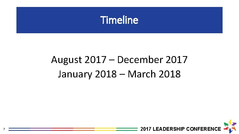 Timeline August 2017 – December 2017 January 2018 – March 2018 7 2017 LEADERSHIP