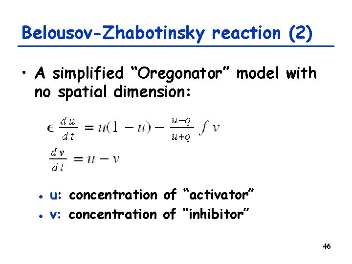 Belousov-Zhabotinsky reaction (2) • A simplified “Oregonator” model with no spatial dimension: l l