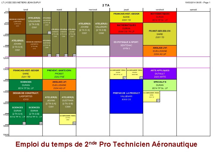 Emploi du temps de 2 nde Pro Technicien Aéronautique 