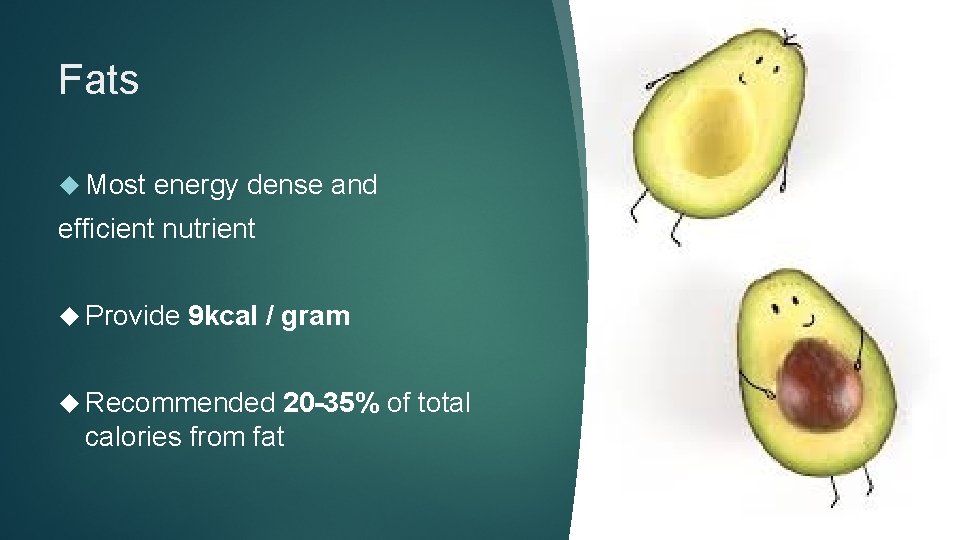 Fats Most energy dense and efficient nutrient Provide 9 kcal / gram Recommended 20