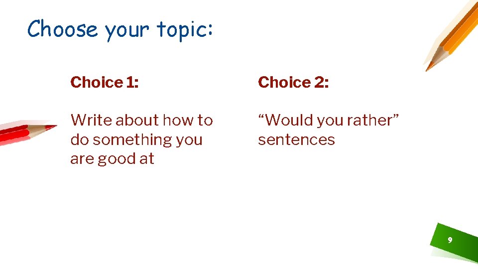Choose your topic: Choice 1: Choice 2: Write about how to do something you