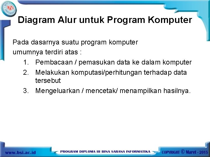 Diagram Alur untuk Program Komputer Pada dasarnya suatu program komputer umumnya terdiri atas :