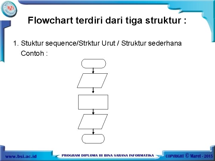 Flowchart terdiri dari tiga struktur : 1. Stuktur sequence/Strktur Urut / Struktur sederhana Contoh