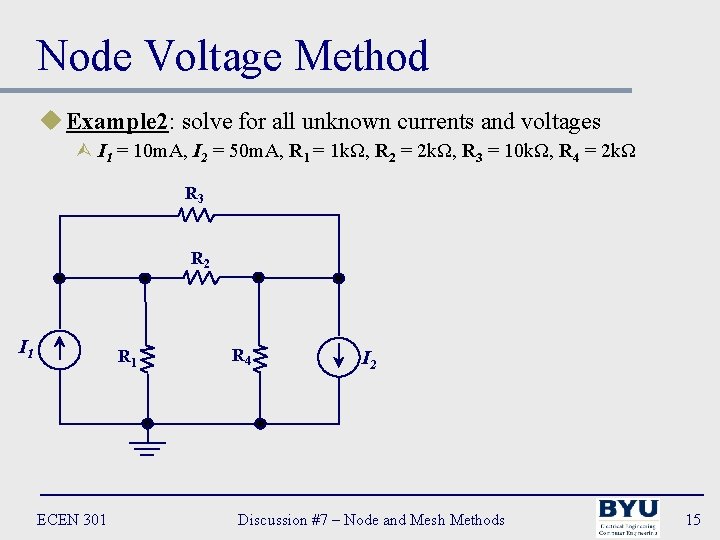 Node Voltage Method u Example 2: solve for all unknown currents and voltages Ù