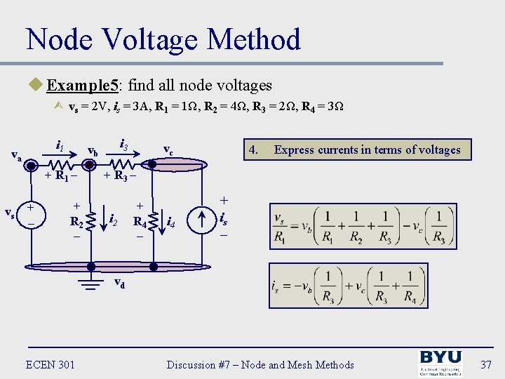 Node Voltage Method u Example 5: find all node voltages Ù vs = 2