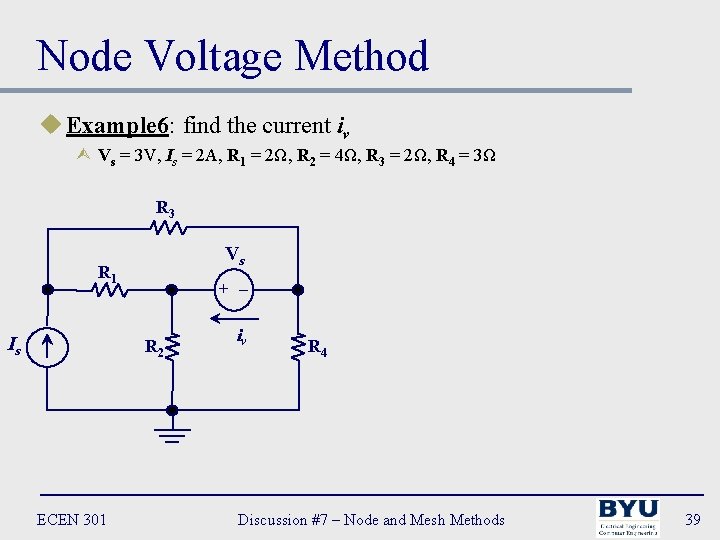 Node Voltage Method u Example 6: find the current iv Ù Vs = 3