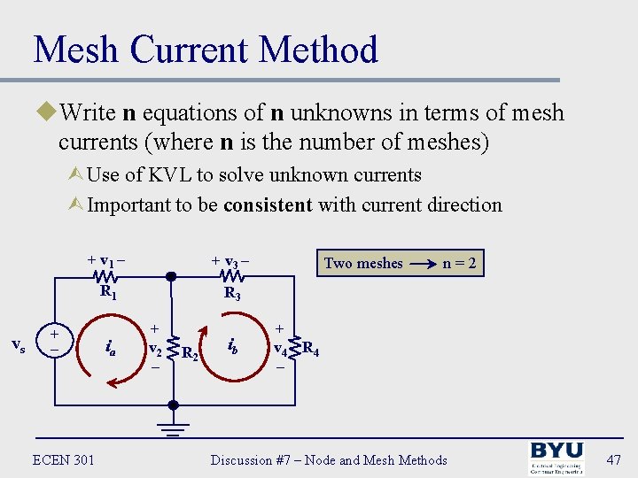Mesh Current Method u. Write n equations of n unknowns in terms of mesh