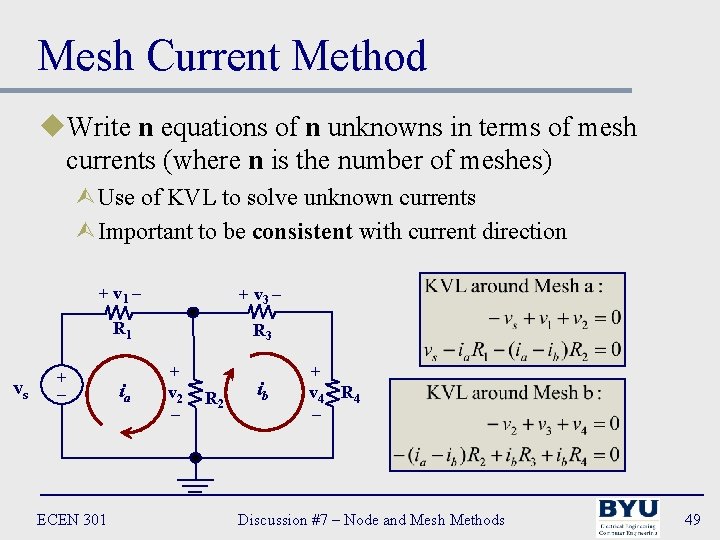Mesh Current Method u. Write n equations of n unknowns in terms of mesh