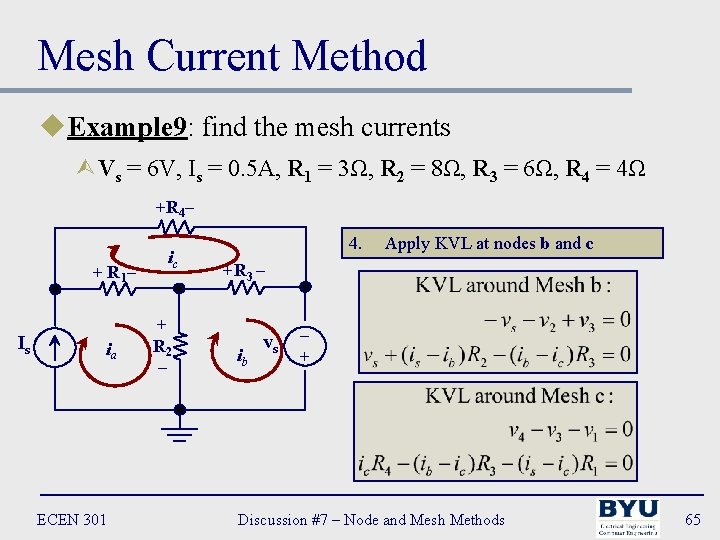Mesh Current Method u. Example 9: find the mesh currents ÙVs = 6 V,