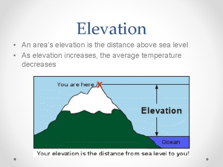 Elevation • An area’s elevation is the distance above sea level • As elevation