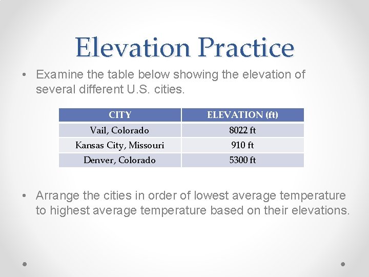 Elevation Practice • Examine the table below showing the elevation of several different U.