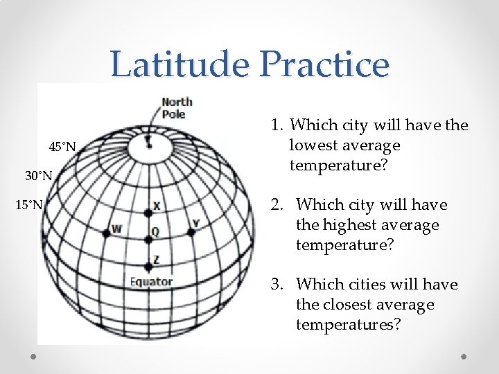 Latitude Practice 45˚N 30˚N 15˚N 1. Which city will have the lowest average temperature?
