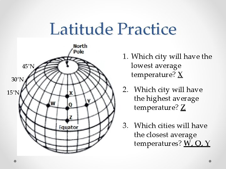 Latitude Practice 45˚N 30˚N 15˚N 1. Which city will have the lowest average temperature?