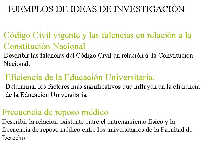 EJEMPLOS DE IDEAS DE INVESTIGACIÓN Código Civil vigente y las falencias en relación a