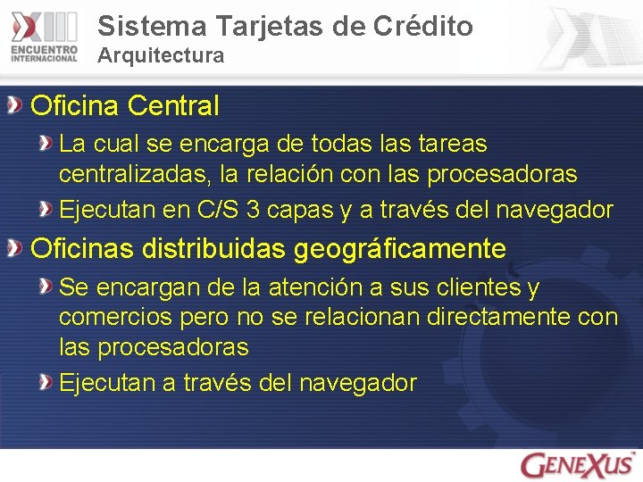 Sistema Tarjetas de Crédito Arquitectura Oficina Central La cual se encarga de todas las