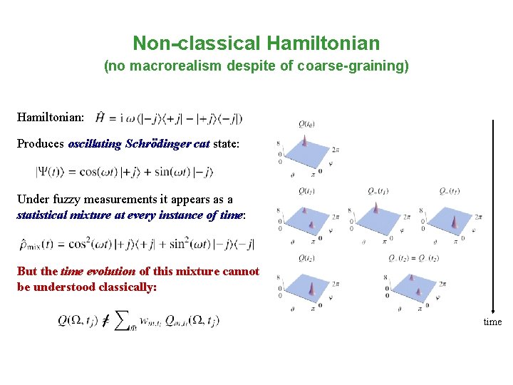 Non-classical Hamiltonian (no macrorealism despite of coarse-graining) Hamiltonian: Produces oscillating Schrödinger cat state: Under