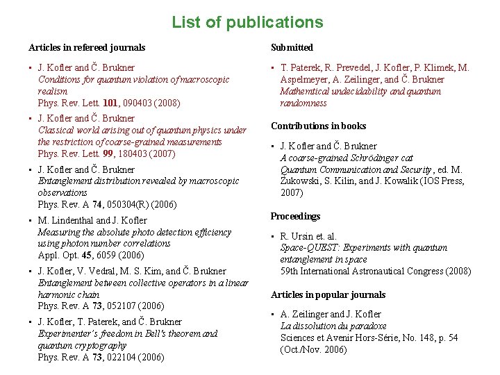 List of publications Articles in refereed journals Submitted • J. Kofler and Č. Brukner