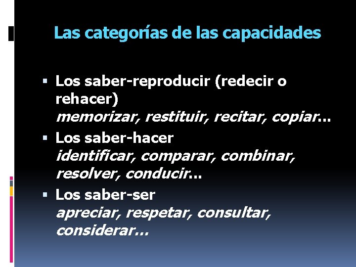 Las categorías de las capacidades Los saber-reproducir (redecir o rehacer) memorizar, restituir, recitar, copiar.