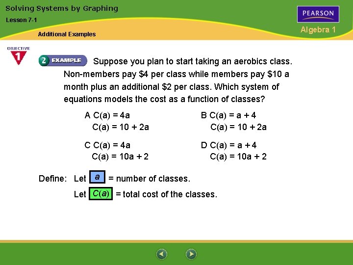 Solving Systems by Graphing Lesson 7 -1 Algebra 1 Additional Examples Suppose you plan