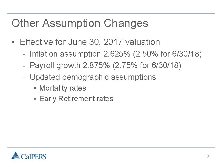 Other Assumption Changes • Effective for June 30, 2017 valuation - Inflation assumption 2.