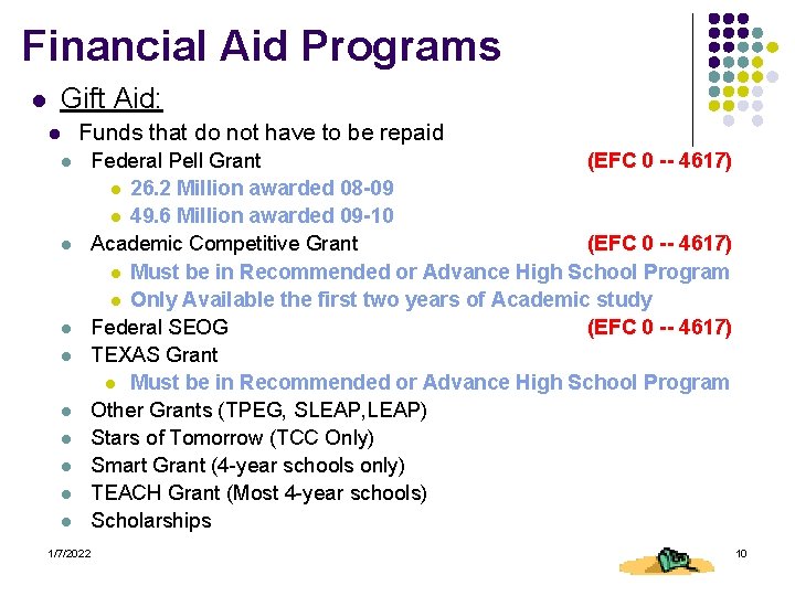 Financial Aid Programs l Gift Aid: l Funds that do not have to be