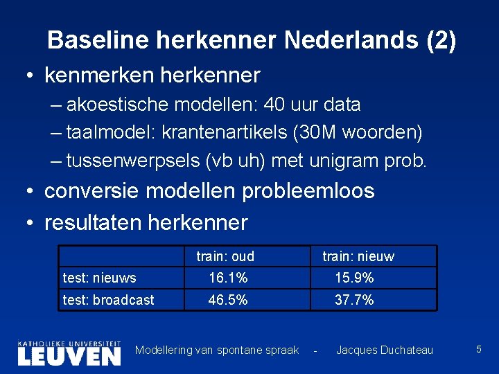 Baseline herkenner Nederlands (2) • kenmerken herkenner – akoestische modellen: 40 uur data –