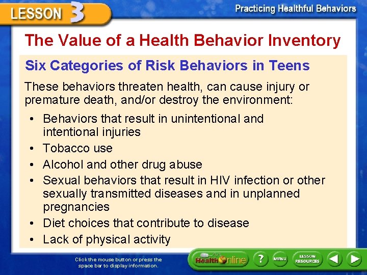 The Value of a Health Behavior Inventory Six Categories of Risk Behaviors in Teens