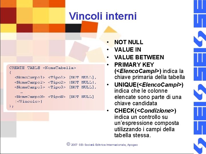 Vincoli interni • • NOT NULL VALUE IN VALUE BETWEEN PRIMARY KEY (<Elenco. Campi>)