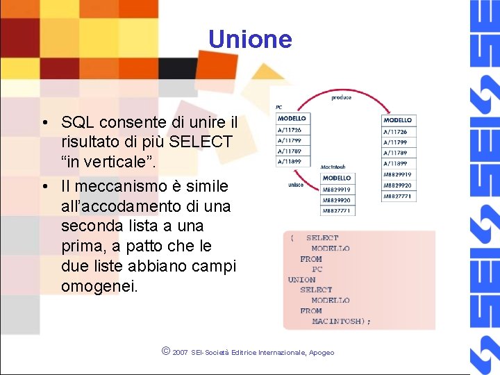 Unione • SQL consente di unire il risultato di più SELECT “in verticale”. •