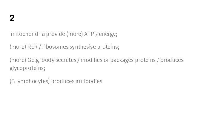 2 mitochondria provide (more) ATP / energy; (more) RER / ribosomes synthesise proteins; (more)