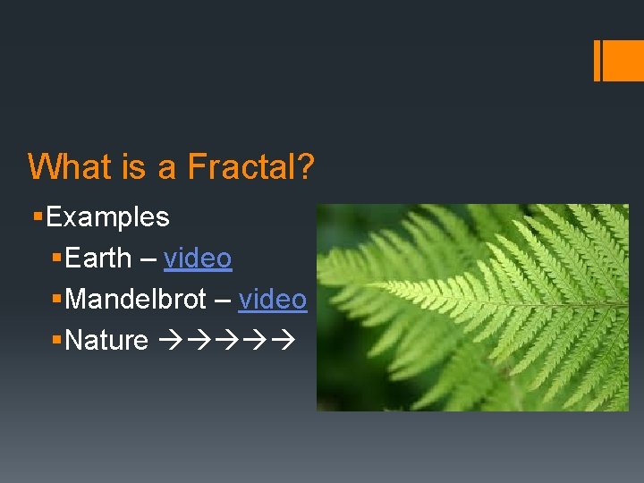 What is a Fractal? §Examples §Earth – video §Mandelbrot – video §Nature 