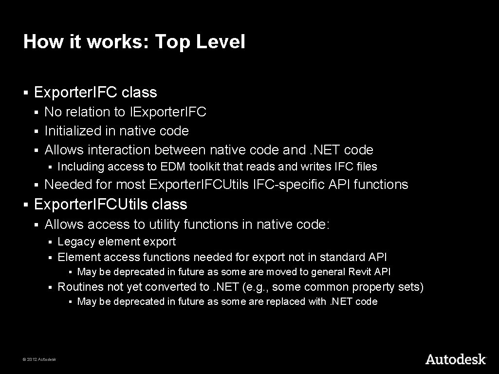 How it works: Top Level § Exporter. IFC class No relation to IExporter. IFC