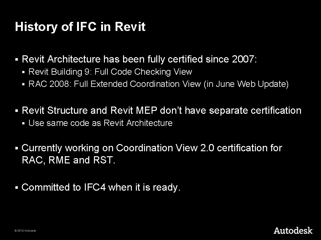 History of IFC in Revit § Revit Architecture has been fully certified since 2007: