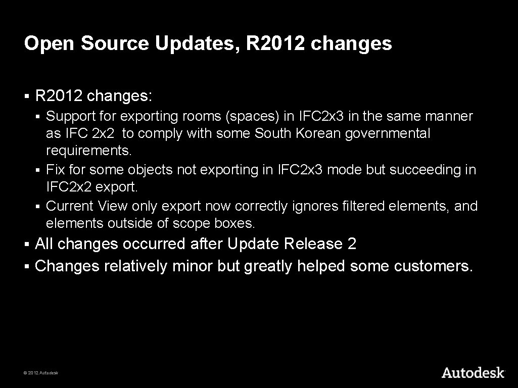 Open Source Updates, R 2012 changes § R 2012 changes: Support for exporting rooms