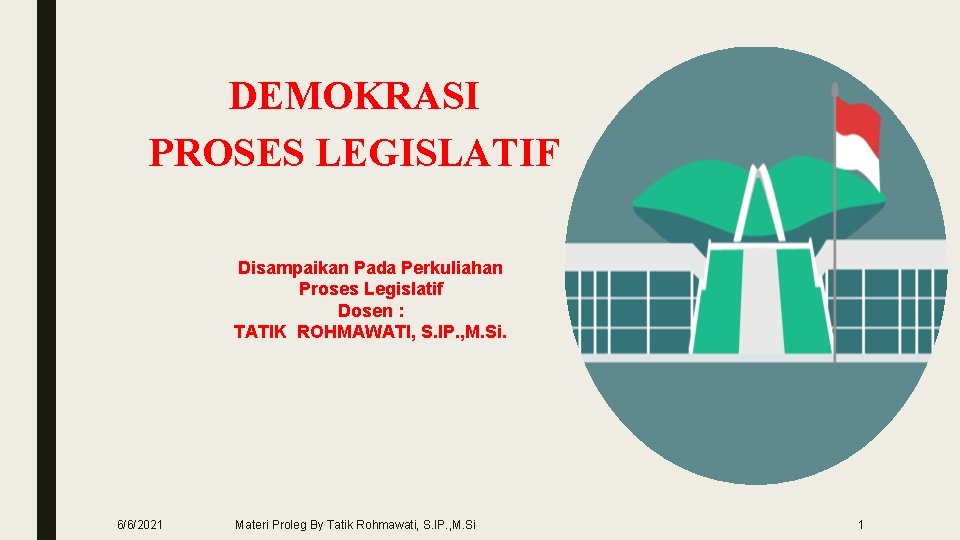 DEMOKRASI PROSES LEGISLATIF Disampaikan Pada Perkuliahan Proses Legislatif Dosen : TATIK ROHMAWATI, S. IP.