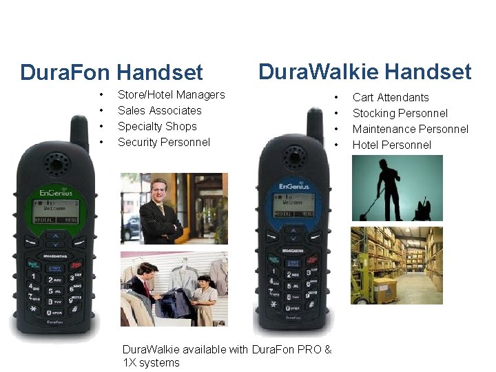 Users Dura. Fon Handset • • Dura. Walkie Handset Store/Hotel Managers Sales Associates Specialty