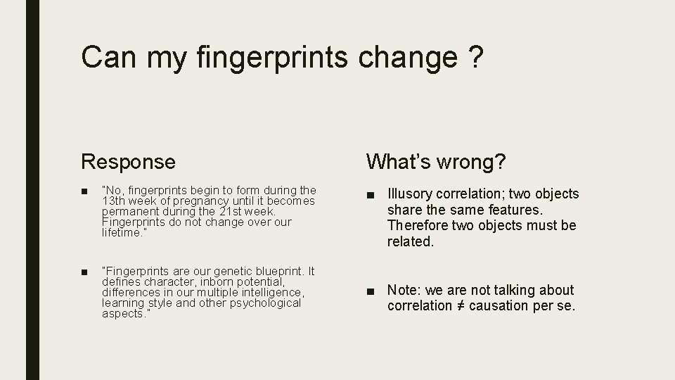 Can my fingerprints change ? Response What’s wrong? ■ “No, fingerprints begin to form