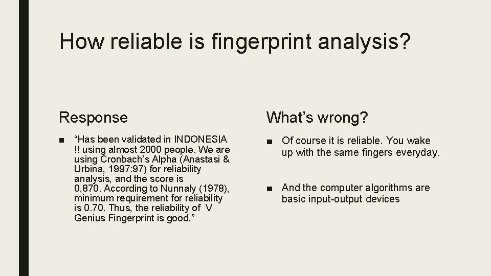 How reliable is fingerprint analysis? Response What’s wrong? ■ “Has been validated in INDONESIA