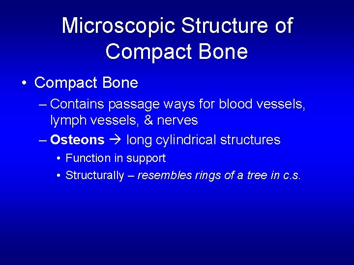 Microscopic Structure of Compact Bone • Compact Bone – Contains passage ways for blood