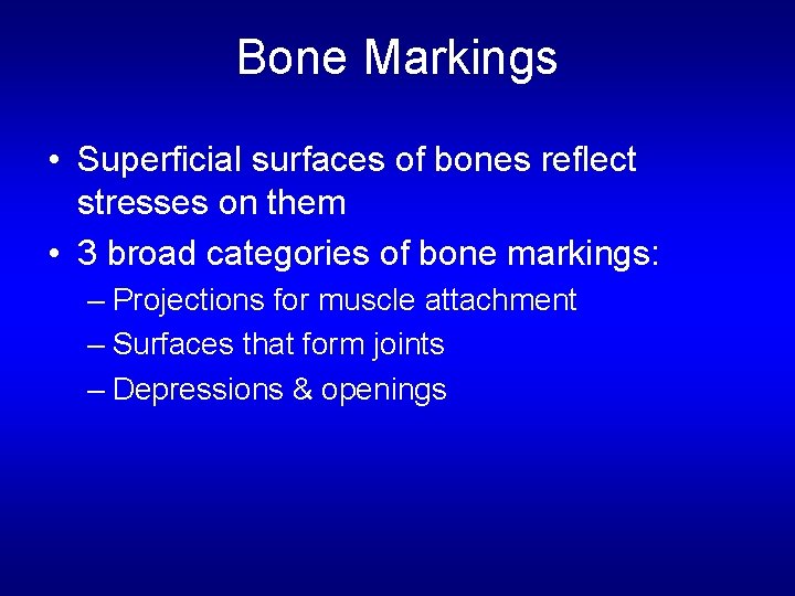 Bone Markings • Superficial surfaces of bones reflect stresses on them • 3 broad