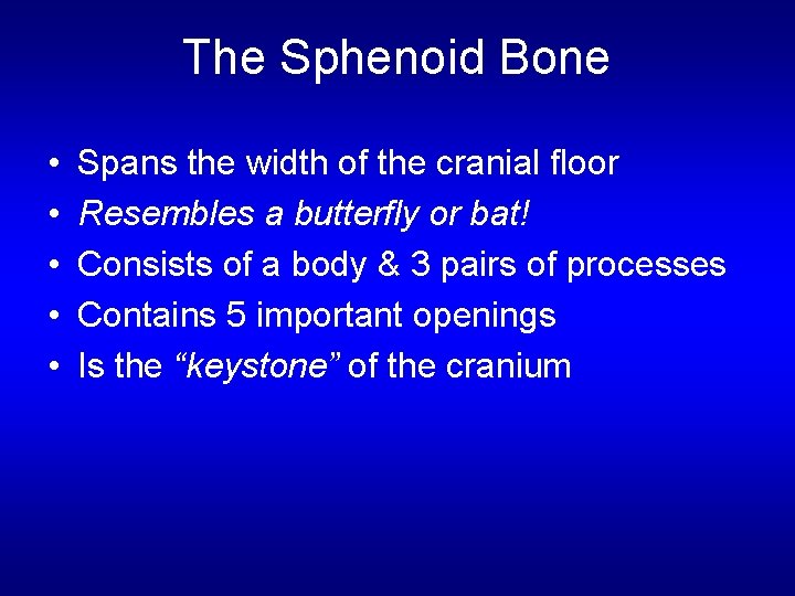 The Sphenoid Bone • • • Spans the width of the cranial floor Resembles