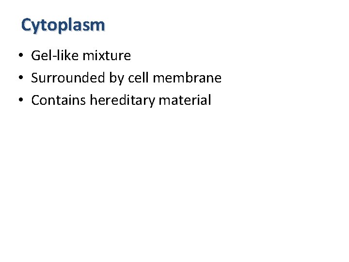 Cytoplasm • Gel-like mixture • Surrounded by cell membrane • Contains hereditary material 