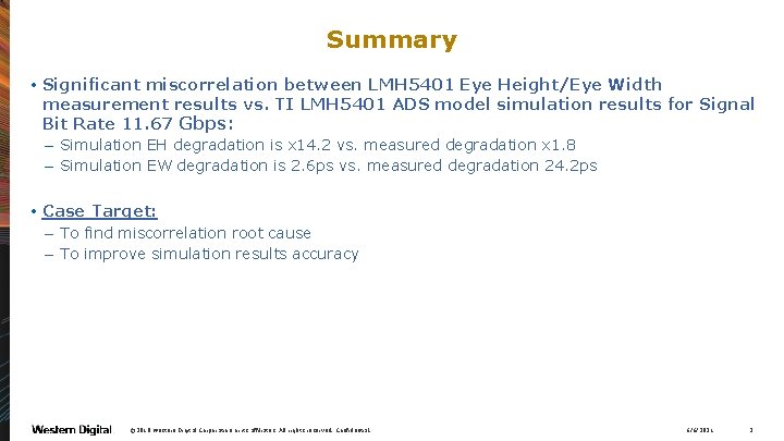 Summary • Significant miscorrelation between LMH 5401 Eye Height/Eye Width measurement results vs. TI