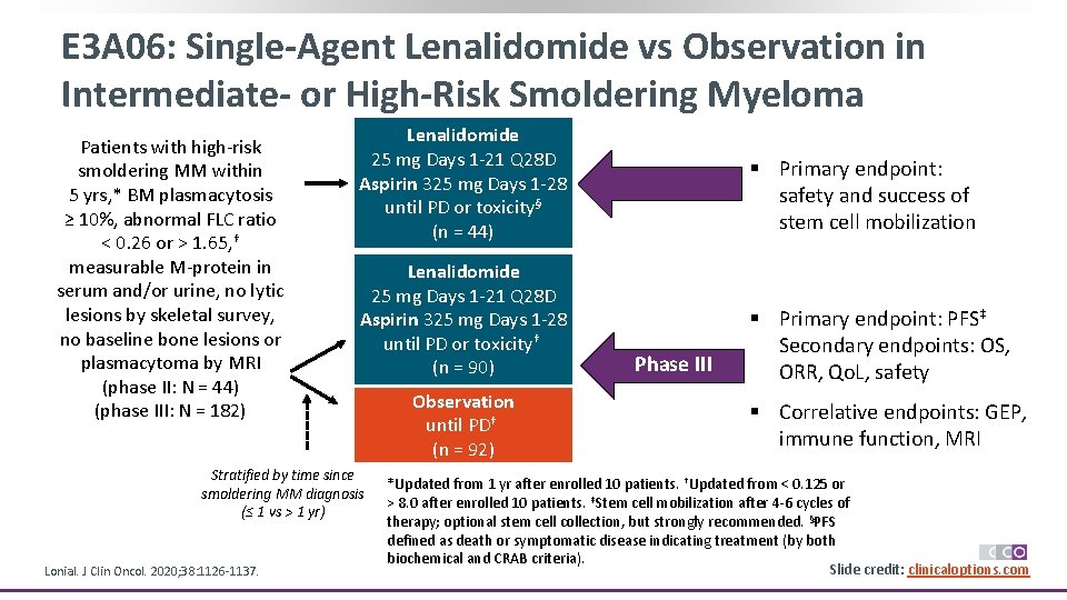 E 3 A 06: Single-Agent Lenalidomide vs Observation in Intermediate- or High-Risk Smoldering Myeloma