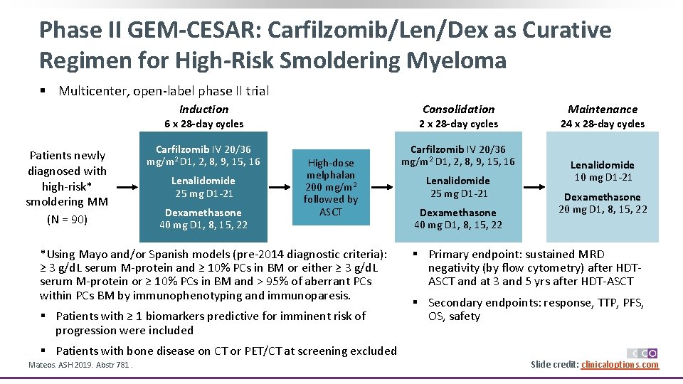 Phase II GEM-CESAR: Carfilzomib/Len/Dex as Curative Regimen for High-Risk Smoldering Myeloma § Multicenter, open-label